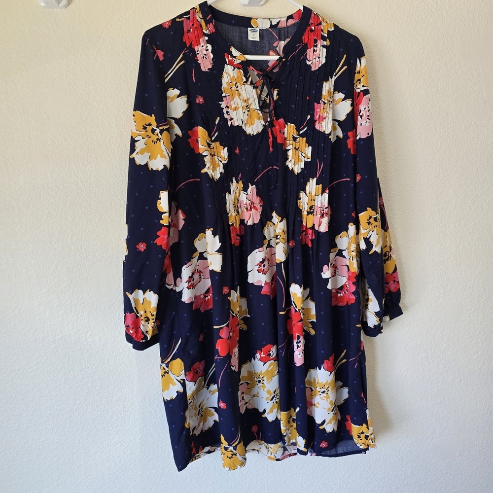 Old Navy Women's Large Peasant Tunic Dress Floral Pleated Boho Flowy Long Sleeve